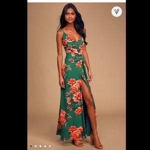 Lulu’s Dark Green Floral Wrap Maxi Dress